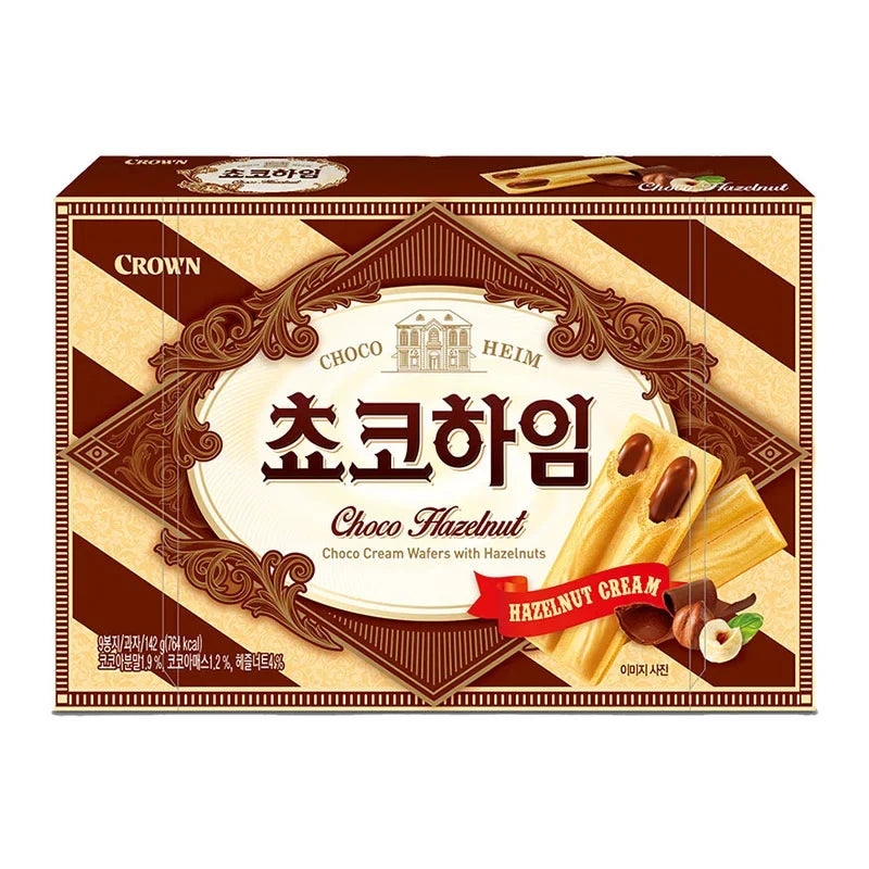Crown Choco Heim Cream Wafer with Hazelnuts in 142g package, showing layered chocolate and hazelnut cream filling.
