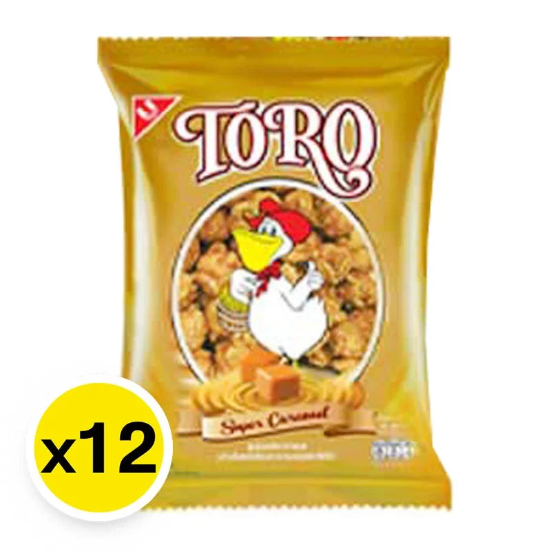 Toro Crunchy Popcorn Super Caramel flavor snack pack, 18g x12, dry grocery snack with caramel-coated crunchy popcorn.