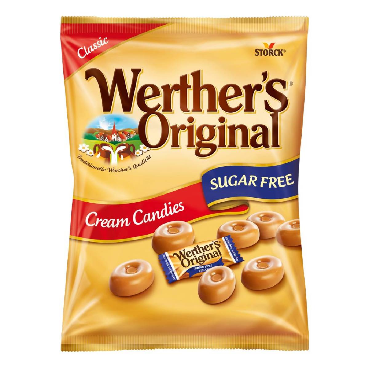 Werther's Original Sugar Free Toffee in a healthy confectionery snack package, showcasing the classic caramel toffee product.