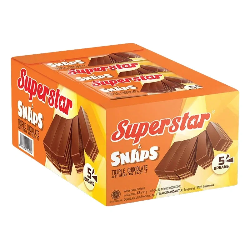 Superstar Wafer Snap 28g, crispy layered wafer snack from Superstar brand in colorful packaging, perfect for snacks.