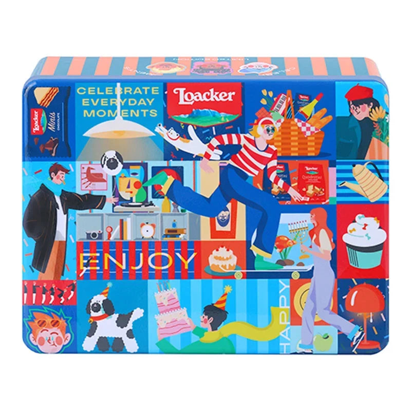Loacker gift tin containing assorted snack and confectionery wafers in a decorative 185g tin, ideal for gifting or snacking.