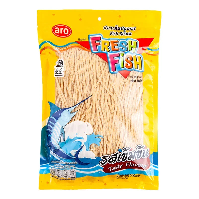Freshfishxaro Fish Snack in 500g package, dry grocery snack with tasty flavor, from the FRESHFISHXARO brand.