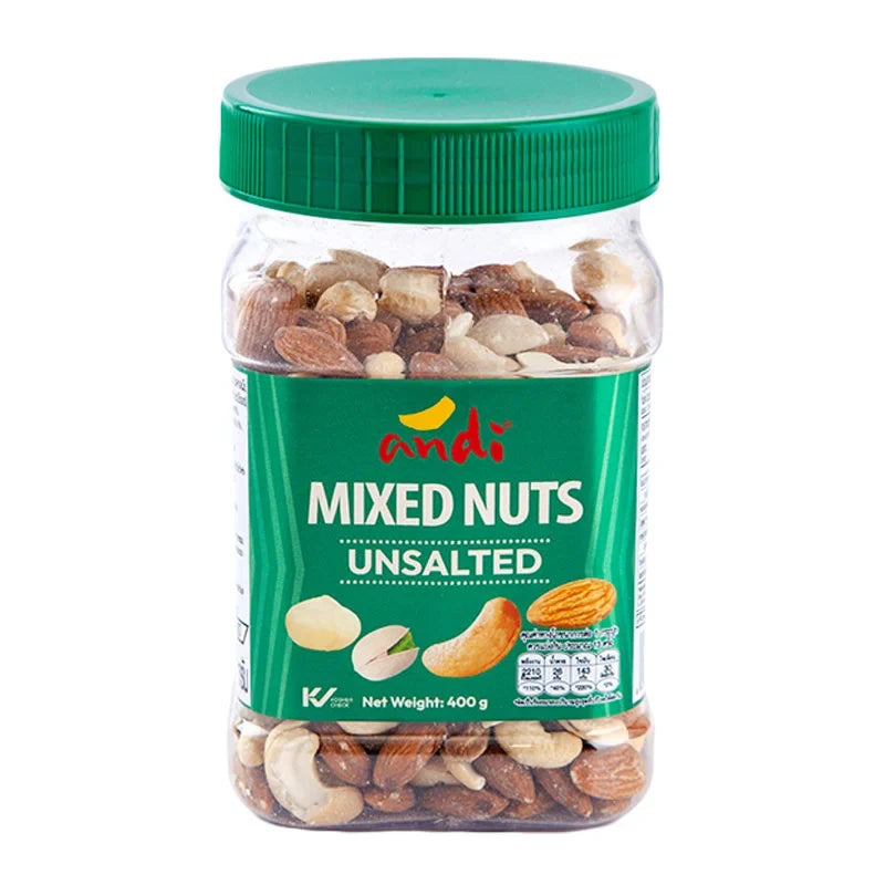 Andi Unsalted Mixed Nuts in 400g package, dry grocery snack with a variety of nuts in a clear bowl.