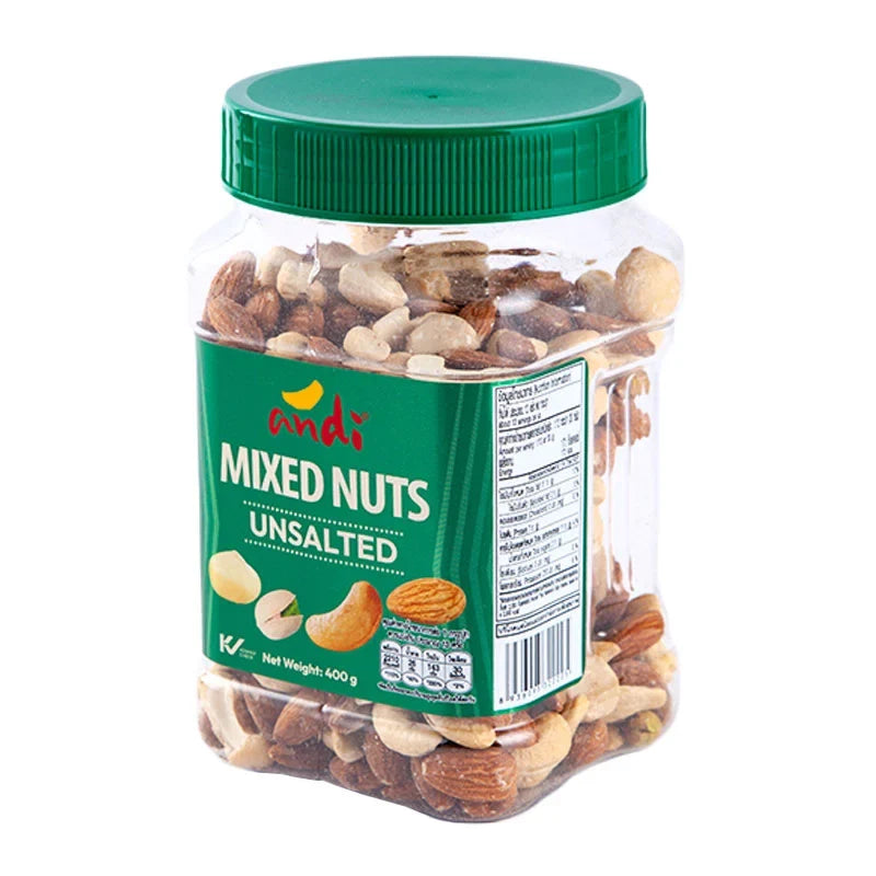 Andi Unsalted Mixed Nuts in a 400g bag, close-up of a variety of raw, shelled nuts ideal for snacking or baking.