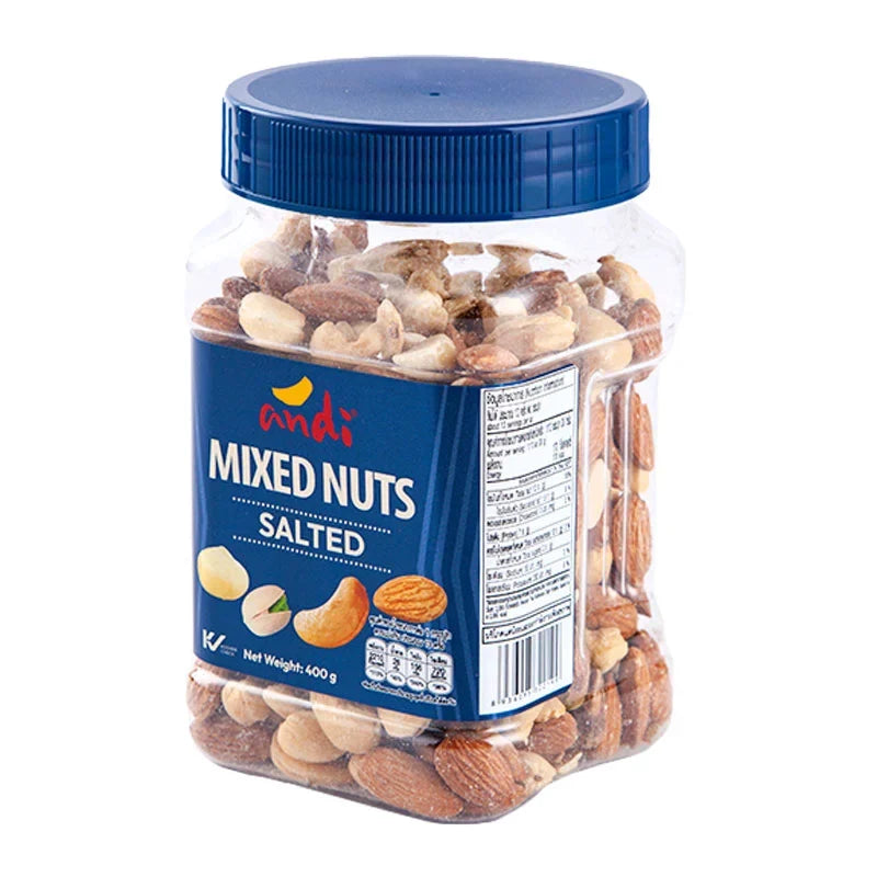 Andi Salted Mixed Nuts in a 400g package, showing a variety of salted nuts on a white background for dry grocery snacks.