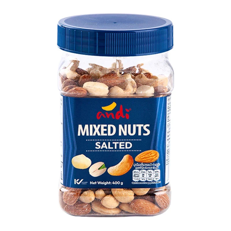 Andi salted mixed nuts in a 400g package, dry grocery snack with a variety of roasted, salted nuts perfect for snacking.