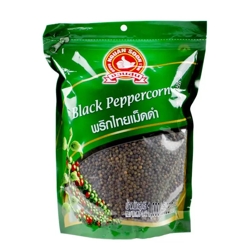 No.1 Hand Brand black peppercorns in a 1kg bag, dry grocery product, close-up of whole black peppercorns in a clear bag.