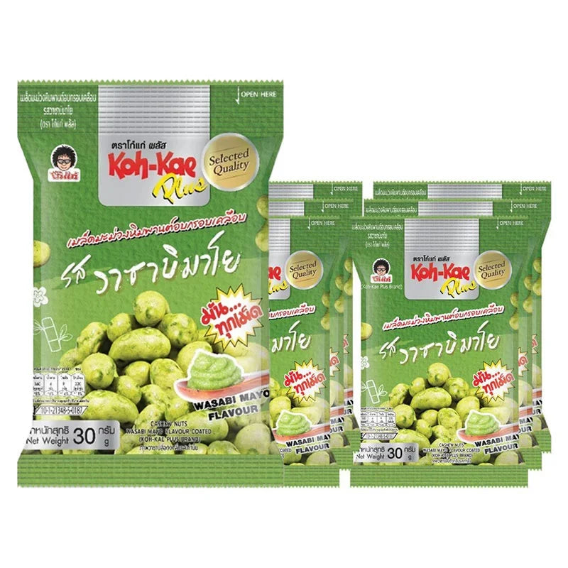 Kohkae Cashew Coated Wasabi Mayo 30g x6, dry grocery snack with wasabi flavor and crunchy cashew coating, in a colorful package.
