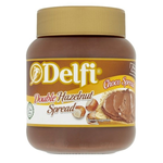 Delfi Choco Hazelnut Spread jar with chocolate and hazelnut ingredients, smooth and creamy texture, on a neutral background.