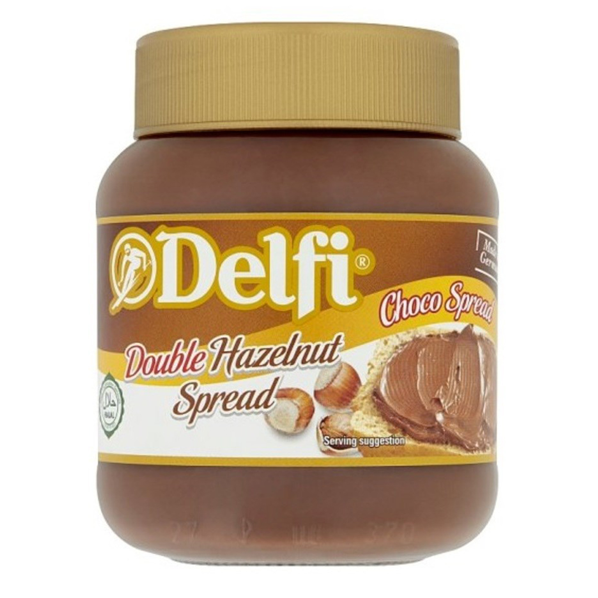 Delfi Choco Hazelnut Spread jar with chocolate and hazelnut ingredients, smooth and creamy texture, on a neutral background.