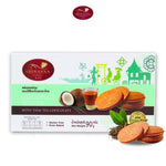 Sriwanna coconut wafers with Thai tea chocolate, 90g, showcasing crispy coconut snack coated in tea-flavored chocolate.