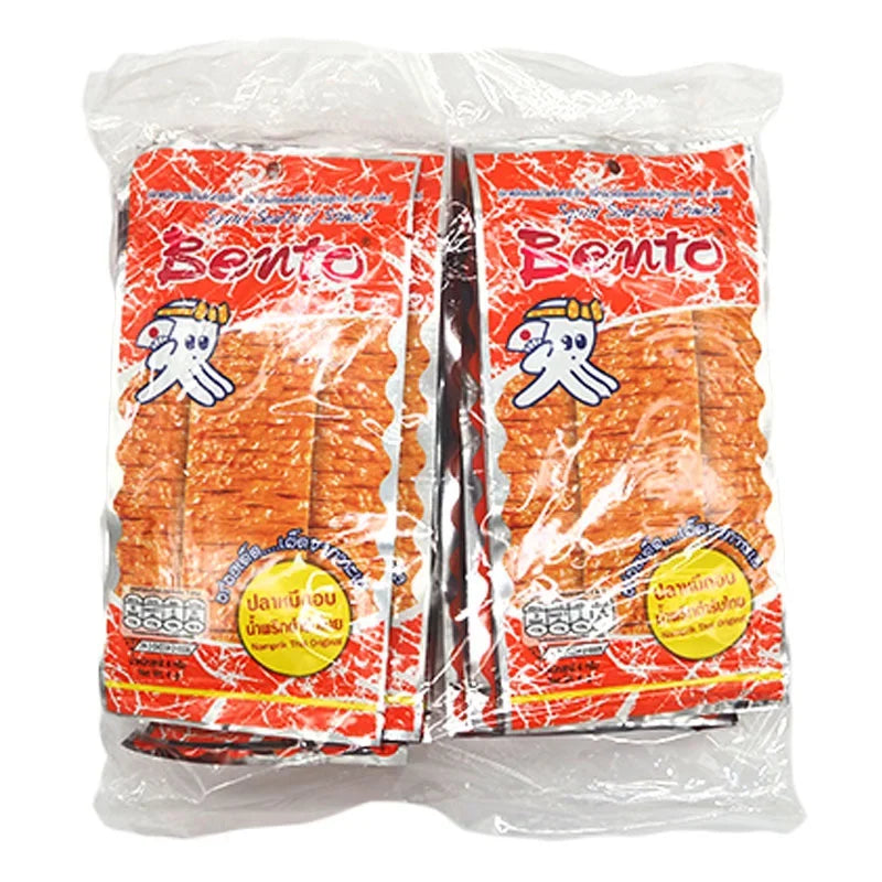 BENTO Bento Squid Seafood Snack Hot Spicy 4g pack, dry grocery snack with spicy seafood flavor, 24 pieces in the box