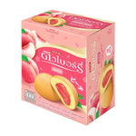 Dewberry Peach Puff Cake snack box with 12 packs of 15g each, featuring peach-flavored puffed confectionery from Dewberry.