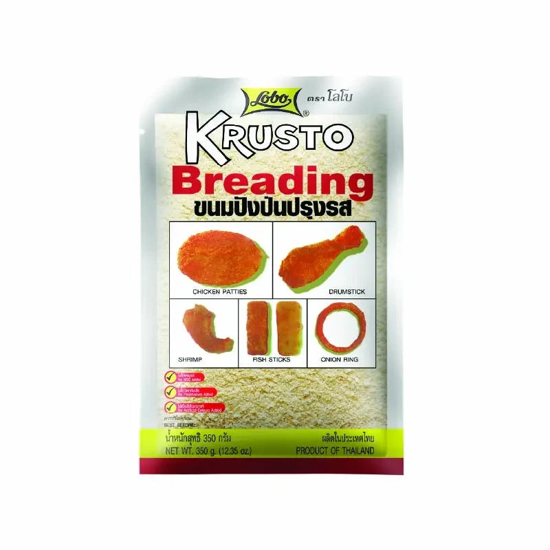 Lobo seasoned bread crumbs in 350g package, dry grocery product with golden bread crumbs and herbs, for cooking and baking.