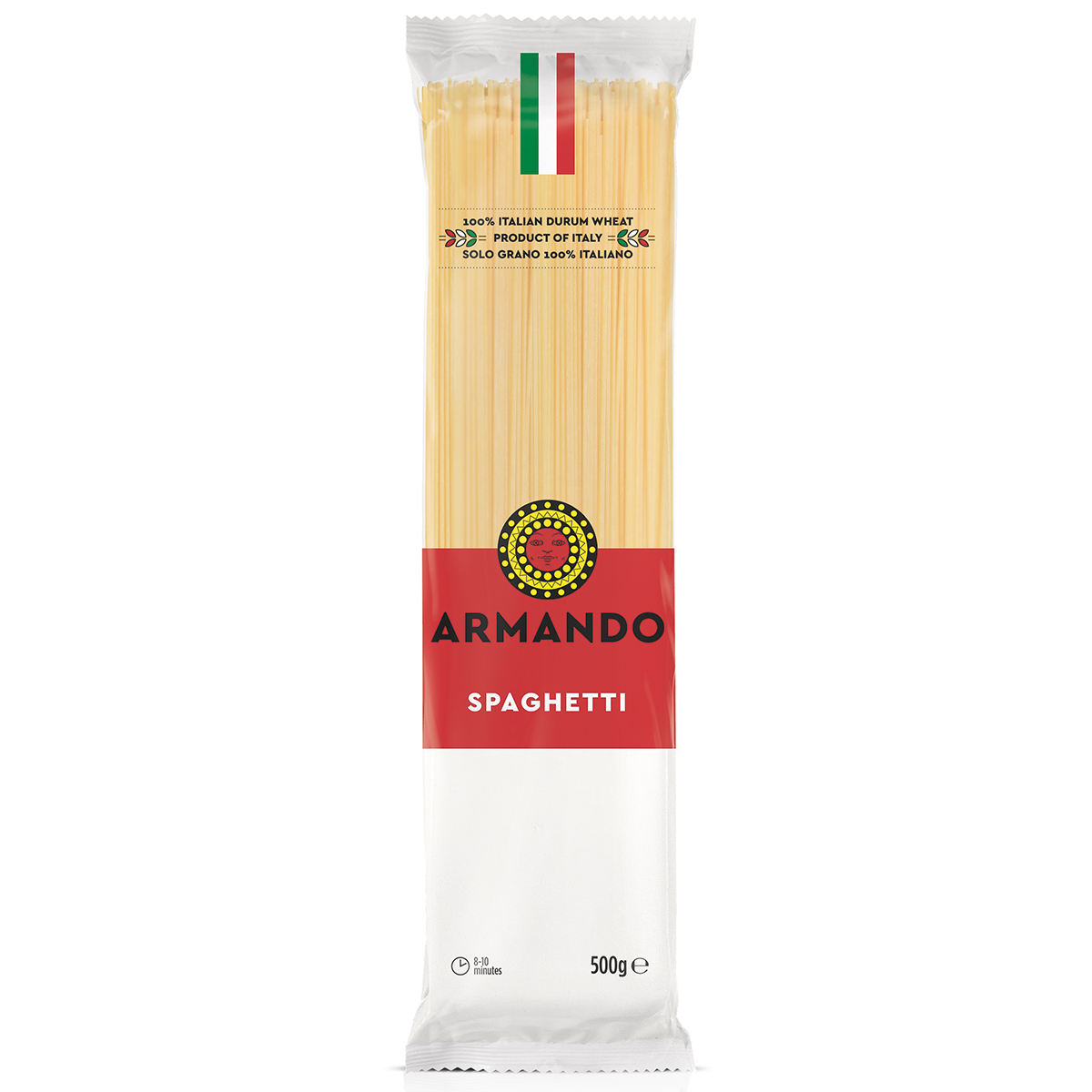 Armando Spaghetti No.5 packaged pasta in a clear plastic bag, ready for cooking, from the Armando grocery brand.