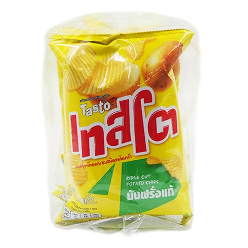 Tasto Salt Potato Chips in a 42g bag, shown in a pack of six, crispy snack from Tasto brand in a colorful bag.