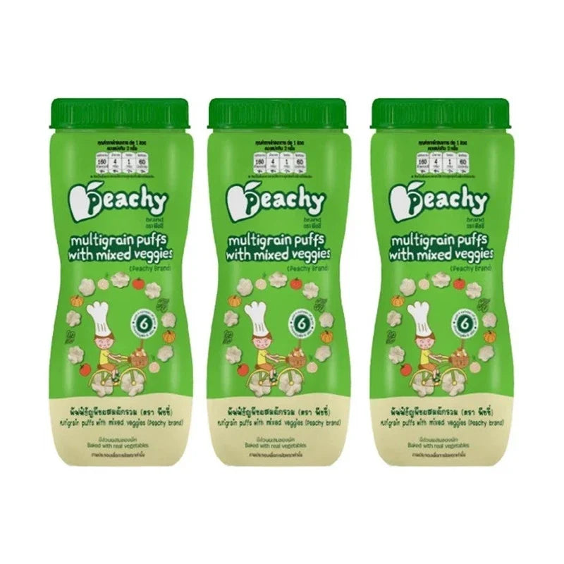 PEACHY cereal puff snacks jar showing colorful, crunchy dry grocery snack puffs in a clear jar with a label.