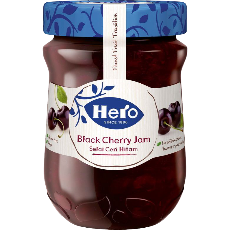 Hero Black Cherry Jam jar with a label showing fresh black cherries, perfect for spreading or adding to desserts.
