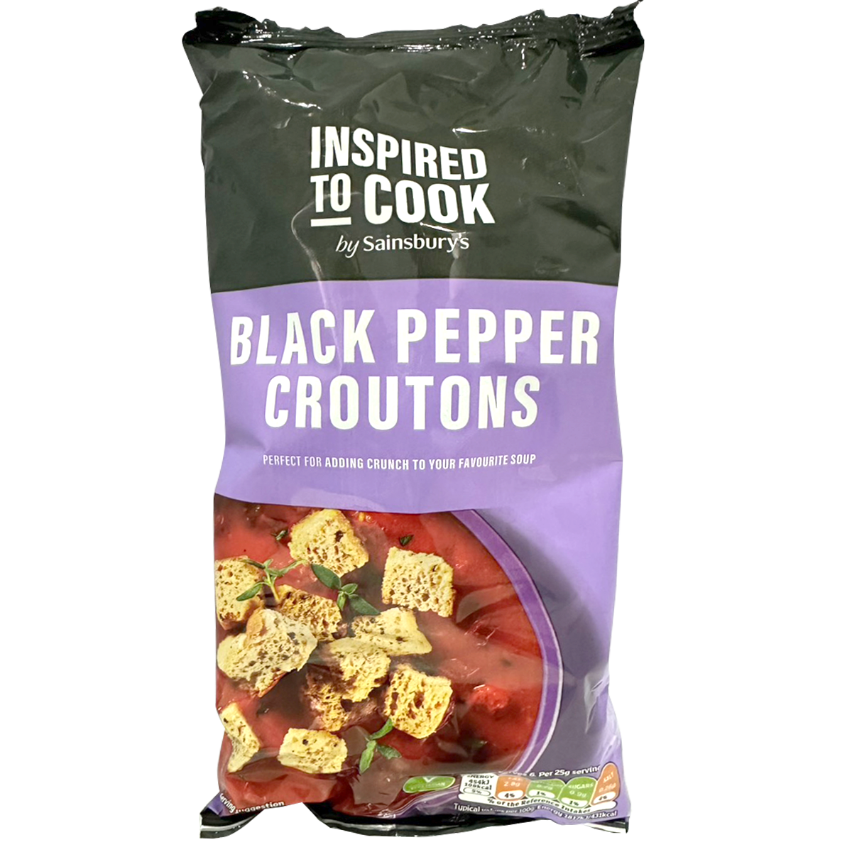 Sainsbury's Inspired To Cook black pepper salt croutons in a clear bowl, ready to add crunch to salads and soups.