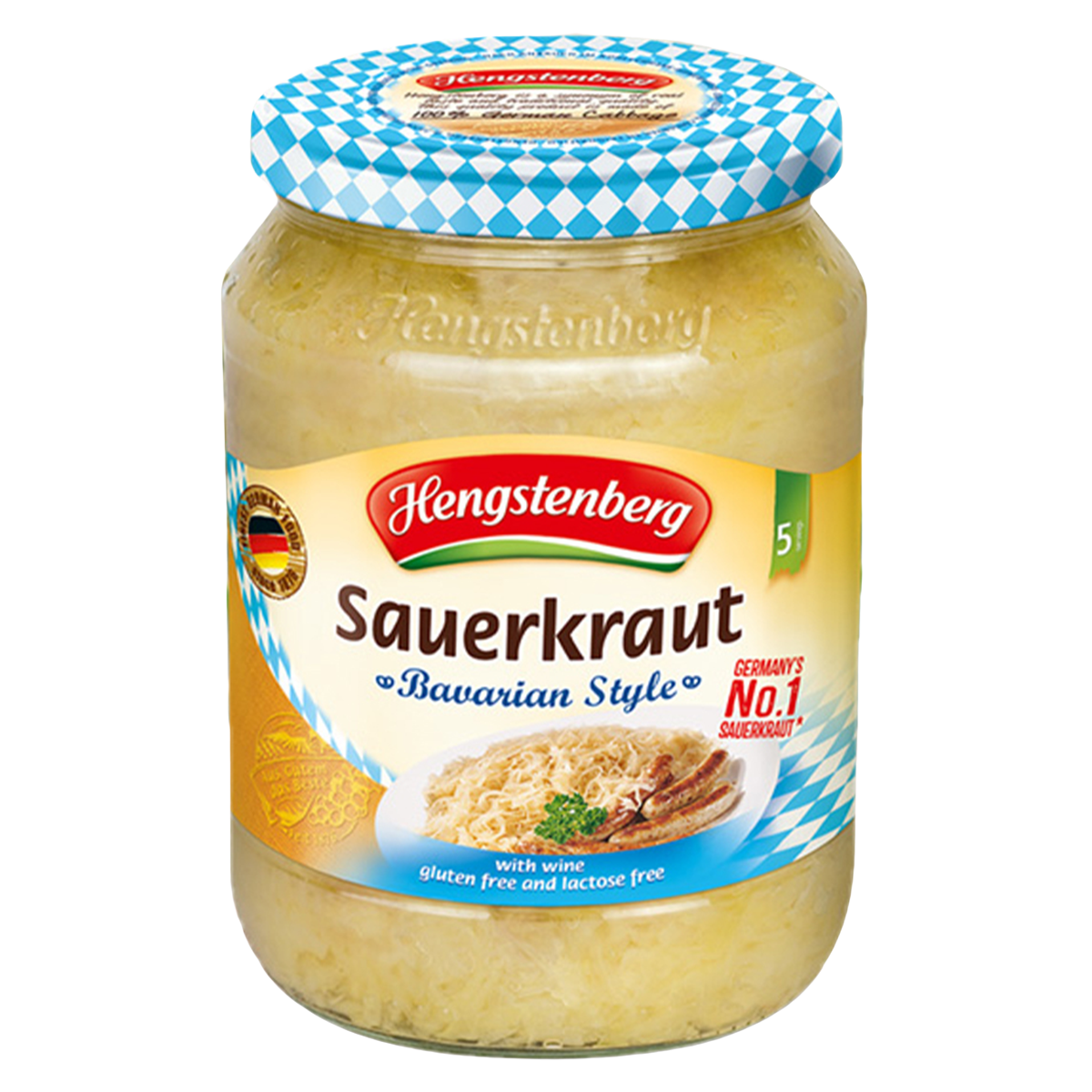 Jar of Hengstenberg Sauerkrout Bavarian style, traditional German fermented cabbage in a glass container.