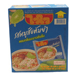 WAIWAI Minced Pork Tom Yum Instant Noodles 60g pack, dry grocery, with flavorful spicy and sour soup and noodles in a clear bowl