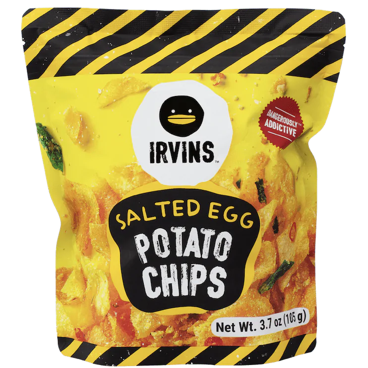 Irvins Salted Egg Potato Chips, a bag of crunchy confectionery snacks with salted egg flavor from Irvins.