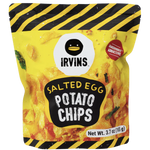 Irvins Salted Egg Potato Chips, a bag of crunchy confectionery snacks with salted egg flavor from Irvins.