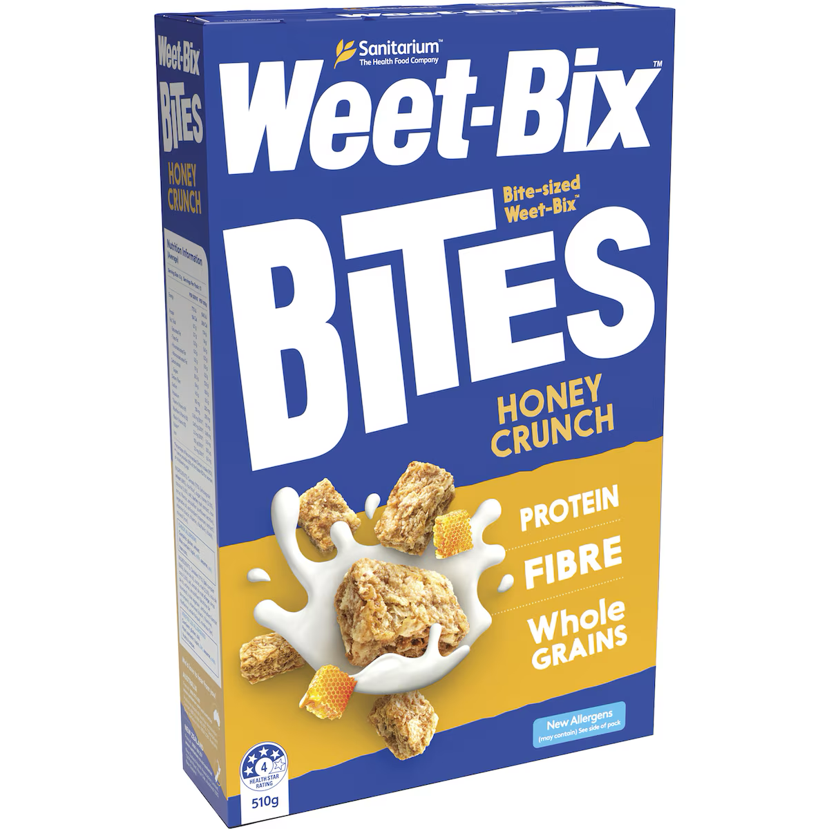 Sanitarium Weet Bix Bites Crunchy Honey breakfast cereal in a bowl with bites and honey drizzle on top.