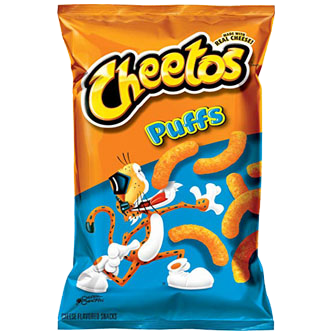 Cheetos Puffs snack bag with cheesy, crunchy Cheetos Puffs in bright orange packaging.