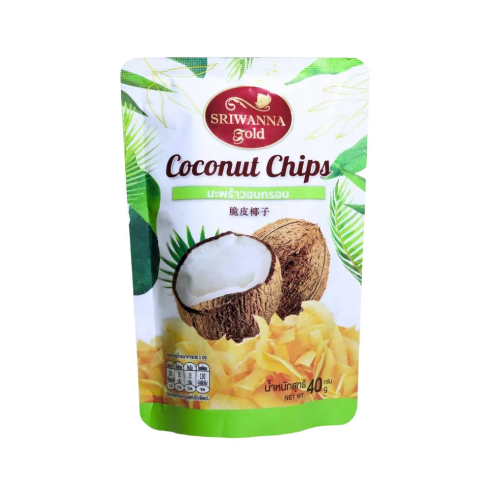 Sriwanna Gold Coconut Chips 40g in a clear package, showing crispy, golden toasted coconut slices for snack or baking use.
