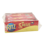 RITZ cheese crackers in a 27g pack, showing golden crispy snack with cheese flavor, part of dry grocery snacks and confectionery.