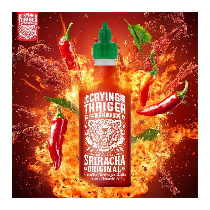 Crying Thaiger Sriracha Chili Sauce in 484g bottle, spicy Thai chili sauce with a tiger logo, suitable for dry grocery use