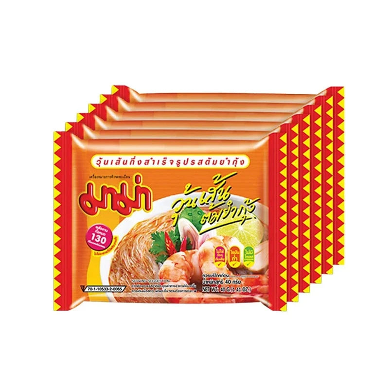 Mama Vermicelli Tom Yum Goong packets of dry grocery noodles with shrimp flavor, featuring vibrant packaging and product details.