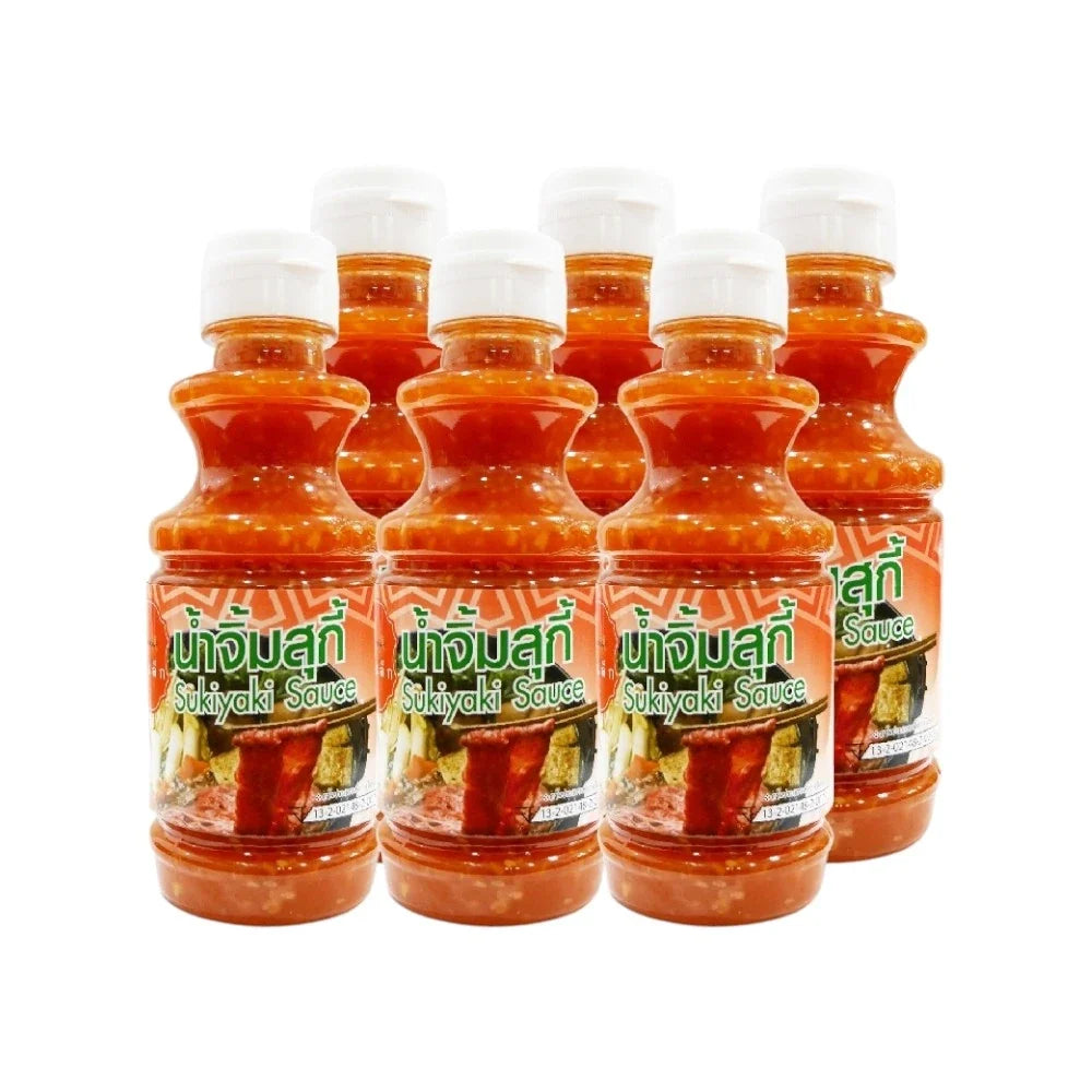 J-LEK Jae Lek Suki Sauce plastic bottle, 240g, in clear container showing dark sauce inside for dry grocery use
