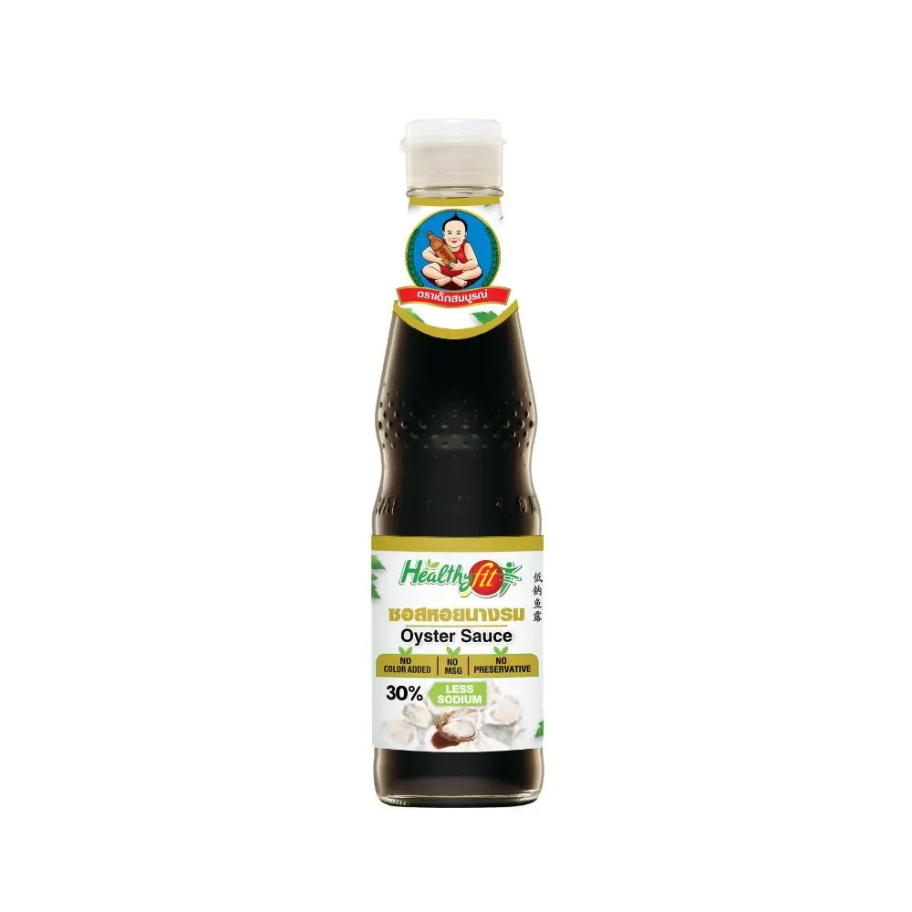 Deksomboon Less Sodium Oyster Sauce 350g in a glass jar, suitable for stir-fry and Asian cuisine, dry grocery product