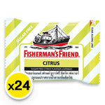 Fisherman's Friend Sugar Free Citrus lozenges in a clear package, featuring bright citrus fruit illustrations on the label.