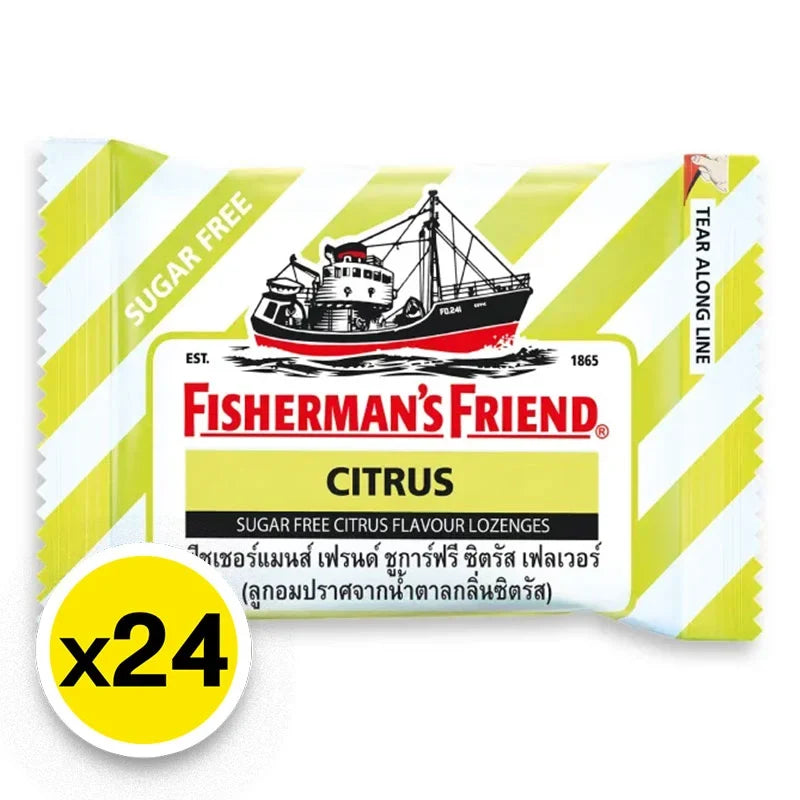 Fisherman's Friend Sugar Free Citrus lozenges in a clear package, featuring bright citrus fruit illustrations on the label.