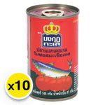 Canned Mongkut Talay Mackerel in tomato sauce, 145g per can, stacked for display, in a dry grocery setting