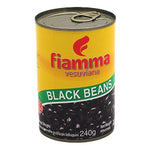 Fiamma Vesuviana Black Beans in brine, 400g can, showing black beans submerged in liquid inside the can.