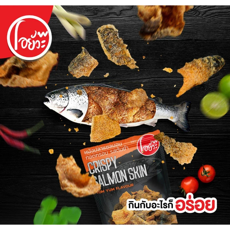 O-yua Fish Skin Crispy Fried Salmon Tom Yum Kung flavor snack in a 72g package, showing the crispy salmon skin snack with vibrant seasoning