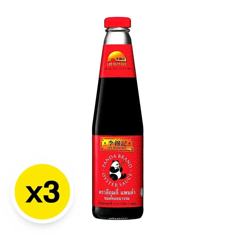 Three bottles of LEE KUM KEE Panda Oyster Sauce, 510g each, shown in a dry grocery product image.