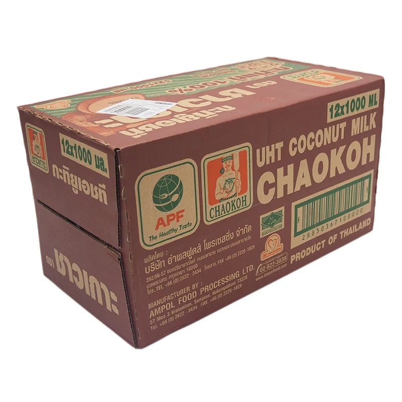 Coconut milk carton from CHAOKOH, 1-liter size, stacked in a box, ideal for cooking and baking in dry grocery shopping.