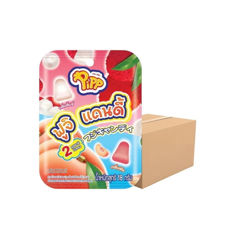 PIPP Pipp Fuji Candy Peach and Lychee flavor pack, 18g x12 pcs, dry grocery snack confectionery with colorful candy pieces.