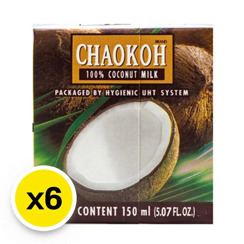 Coconut milk pack by CHAOKOH, 150ml x6, in a box, suitable for cooking and baking in dry grocery shopping.