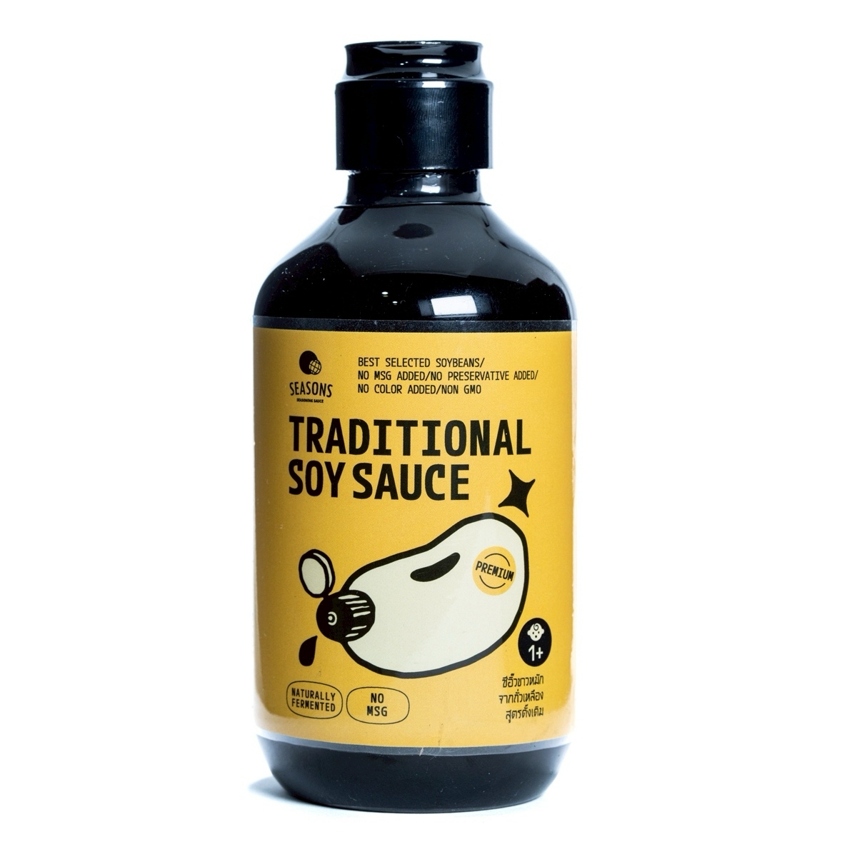 Bottle of Season Traditional Soy Sauce for cooking, featuring dark liquid in a clear glass bottle.