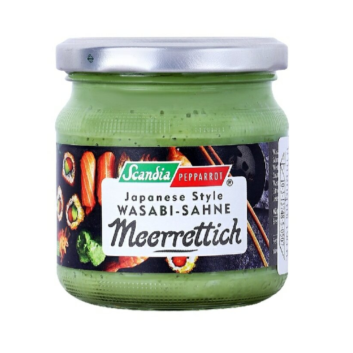 Scandia Wasabi Sahne Meerrettich jar with green wasabi-flavored horseradish cream inside a glass container.