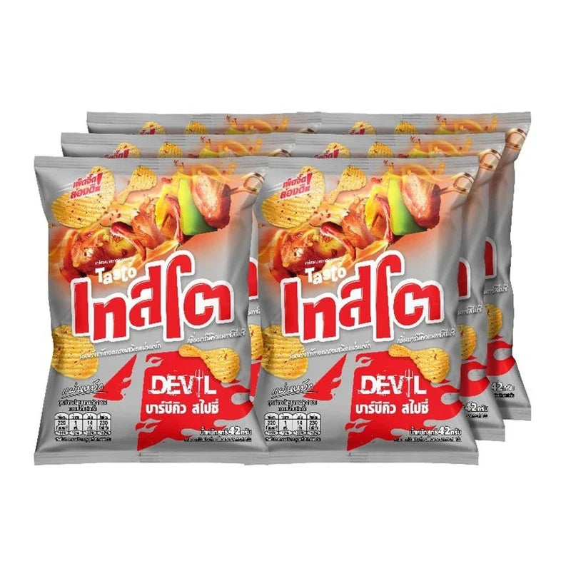 Tasto Crispy Potato Chips Devil BBQ Max Spicy 42g snack bag, crispy and fiery flavored potato chips for snack lovers.