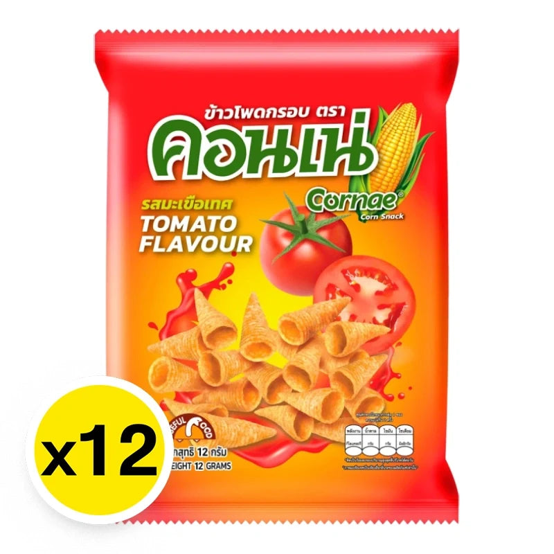 Cornae Corn Snack Tomato flavor, 11g pack, showing crispy corn snack pieces with tomato seasoning in a colorful packaging.