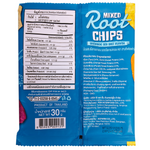 3c Freshfarm Mixed Root Chips with sea salt in a clear snack bag, showing colorful root vegetable chips inside.