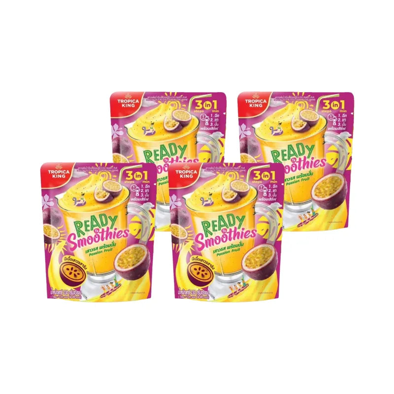 Tropica King Passion Fruit ready-to-blend packs, 230g x4, dry grocery product with vibrant passion fruit images on packaging.